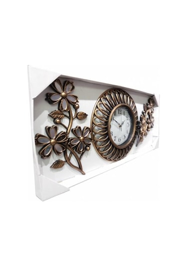 Ferforje Görünüm Üç 3 Parça Aynalı Çiçek Oymalı Duvar Saati Çok Renkli