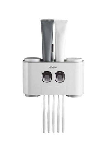 Pazly Ecoco Otomatik Sıkmalı Diş Macunu Seti - 2 Dispenser, 4 Bardak, 5 Fırça, Duvara Monte, Gri Beyaz