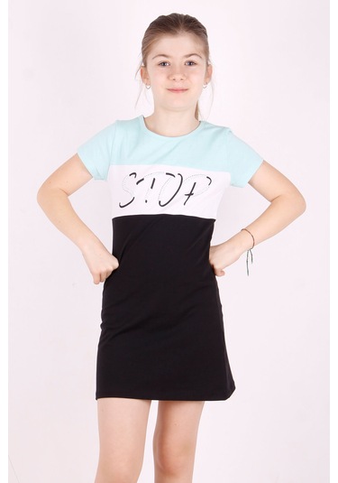 Toontoy Kız Çocuk Stop Baskılı Renkli Elbise Mint Yeşili