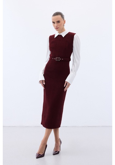 Kemerli Tüvit Elbise - Bordo-136578 Bordo