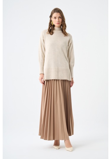 Basic Örme Pliseli Krep Bej Etek 001