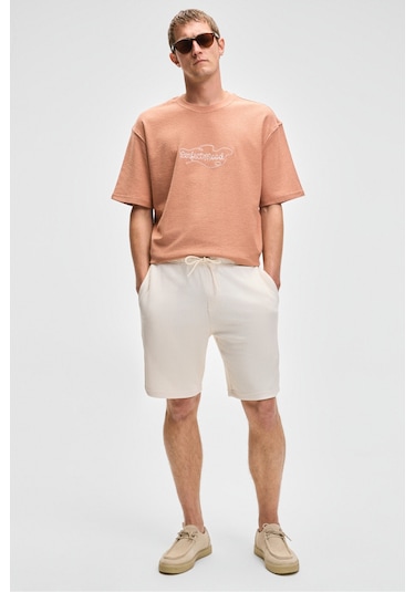 Grimelange MALYES Erkek Beli Lastikli Kordonlu Yanda Çift Arkada Tek Cepli Relaxed Fit Krem Şort & Bermuda