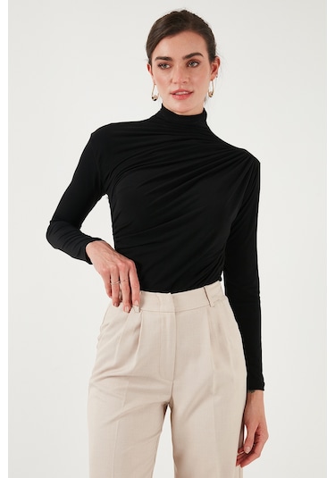 Lela Streç Büzgü Detaylı Slim Fit Dik Yaka Bayan Bluz 669925 Siyah