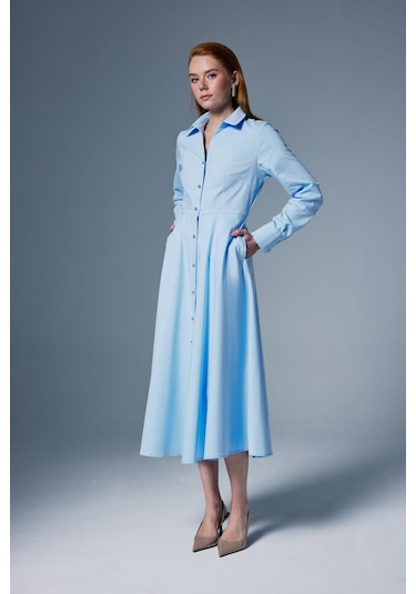Sateen Uzun Düğme Detaylı Elbise - Mavi-137084 Mavi