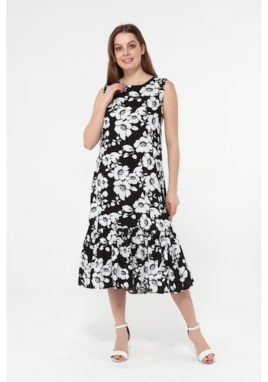 Kolsuz Viskon Kumaş Çiçek Desenli Uzun Elbise Çok Renkli