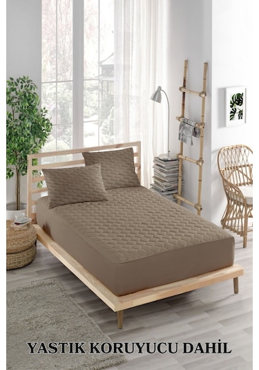 Alez Takımı %100 Pamuklu Sessiz 3 Parça Kapitoneli Yastık Alezli Kahve Tek Kişilik