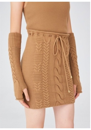 Peraluna Saç Örgü Desenli Kadın Triko Etek Camel