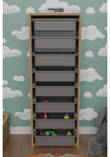8 Sepetli Çok Amaçlı Dolap Oyuncak Dolabı - Atlantik Çam - Gri
