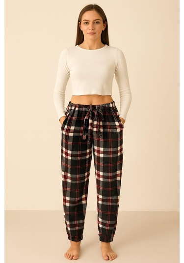 Kadın Ekose Desenli Cepli Paça Lastikli Kadife Tek Alt Siyah Siyah