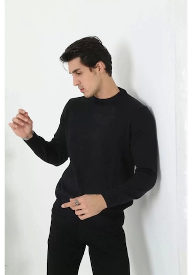 Blacktree Unisex Uzun Kol Biskilet Yaka Dokuma Triko - Siyah Siyah