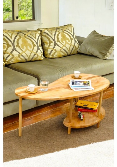 Lüx Naturel Ahşap Fasülye Orta Sehpa Ahşap Sehpa Iki Raflı Sehpa Dekoratif Sehpa Gazetelikli Ahşap