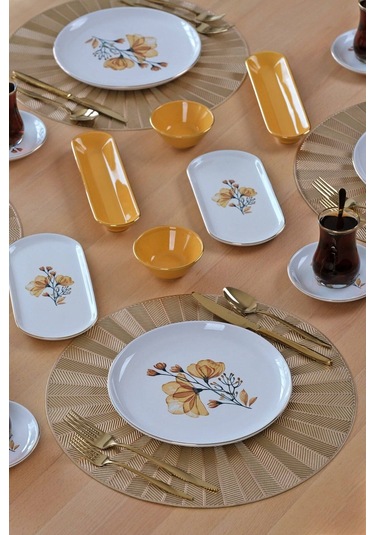 Asya Lizy Hardal Altın Yaldızlı 32 Parça 6 Kişilik Seramik Kahvaltı Takımı Desenli
