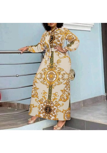 Bej Vonda Kadın Balıkçı Yaka Uzun Puf Kol Günlük Gevşek Uzun Elbise 4xl Bej