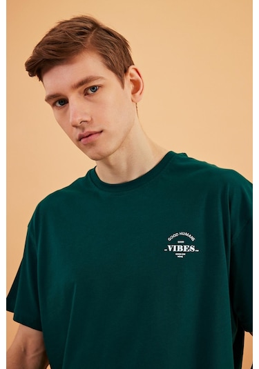 Leo Erkek Oversize Tshirt %100 Pamuk Bisiklet Yaka Baskı Detaylı Basic Tişört Mtlce77 Yeşil