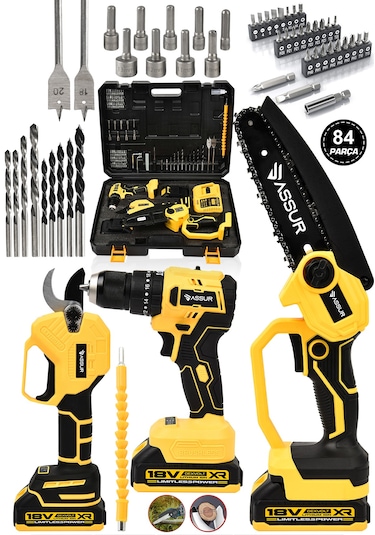 Assur ASR1046 18V Matkap Budama Testeresi Makası 3'lü Set Sarı