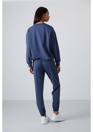 Tommy Life Petrol Basic Pamuklu O Yaka Oversize Lastik Paça Kadın Eşofman Takım - 95287 Petrol