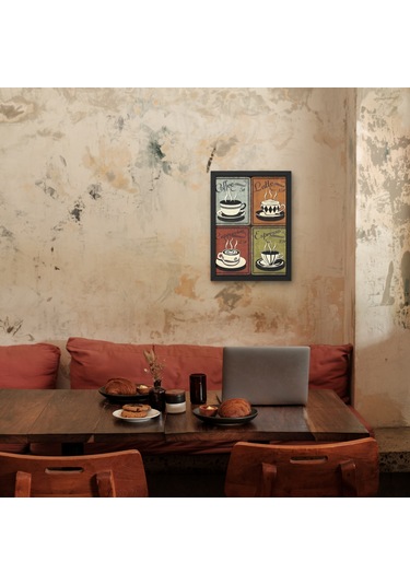 Pop-art Kahve Çeşitleri 4'lü Set Tablo Retro Espresso Latte Mutfak Kafe Duvar Dekoru