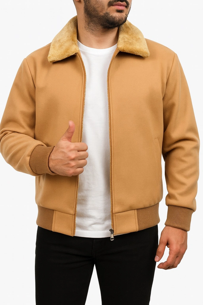 Erkek Kaşe Mont Kürklü Yaka Astarlı Fermuarlı Kışlık Ceket Plus Scorpion Açık Bej
