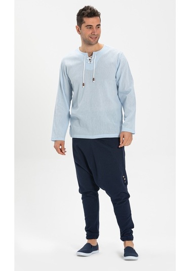 Uzun Kol Şile Bezi Zımbalı Erkek Tshirt Buz Mavi 3027