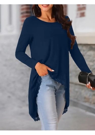 Kadın Uzun Kollu Bisiklet Yaka Asimetrik Kesim Detaylı Dantelli Viskon Bluz Lacivert