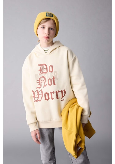 Defacto Erkek Çocuk Oversize Geniş Kalıp Kapüşonlu Yazı Baskılı Kalın Sweatshirt D1908A824WNBG759
