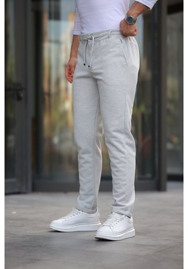 Erkek Beli Bağcıklı Duble Paça Örme Pamuklu Kumaş Jogger Pantolon Gri