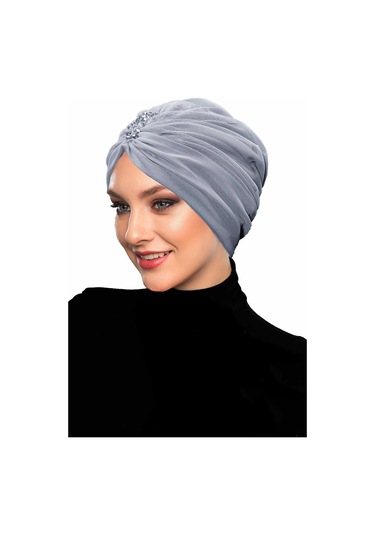 Dizayn Tüllü Kristal Taş İşlemeli Çift Taraflı Astarlı Gri Hazır Türban Tesettür Abiye Bone Gri