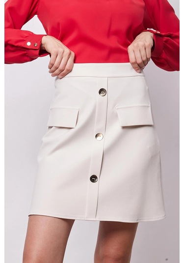 Kadın Diz Üstü Yüksek Bel Önü Düğmeli Cep Kapaklı Hafif Likralı Kumaş Çan Etek-şampanya Şampanya