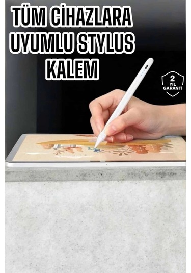 Dokunmatik Kalem Beyaz Şarjlı Yedek Uçlu Android Ve Apple iOS Uyumlu