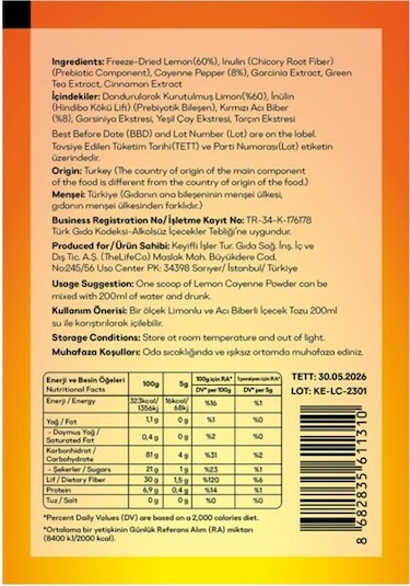 TheLifeCo Lemon Cayenne - Limonlu Acı Biberli İçecek Tozu 5 G x 7 Adet Saşe