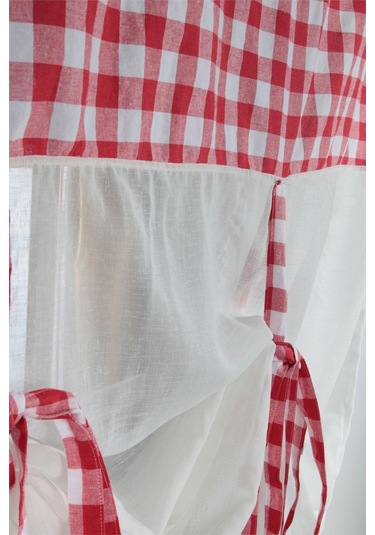 Naturel Potlu Ekose Tül Perde Retro Kırmızı