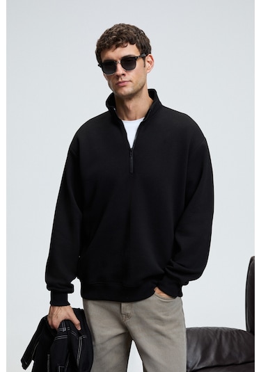 BAXTER Erkek Dik Yakalı Fermuarlı Relaxed Siyah Sweatshirt