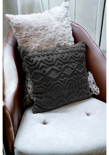 Bohem Dekoratif Yastık Kılıfı Kırlent Kılıfı 43x43 Cm Antrasit Geometrik Gri