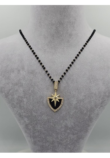 Siyah Taşlı Dorika Boncuklu Çelik Kalkan Kolye Siyah