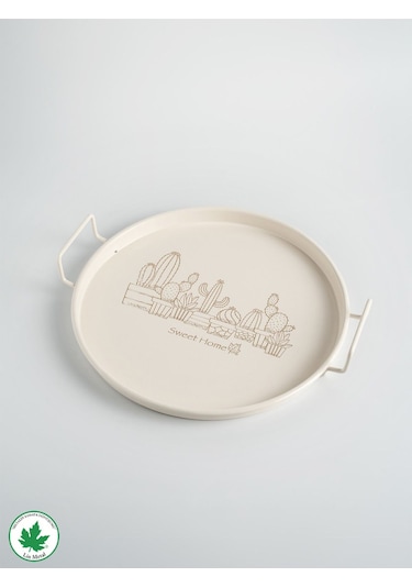 Lin Metal 24cm Yuvarlak Tel Kulplu Tepsi Kaktüs Baskılı - Krem