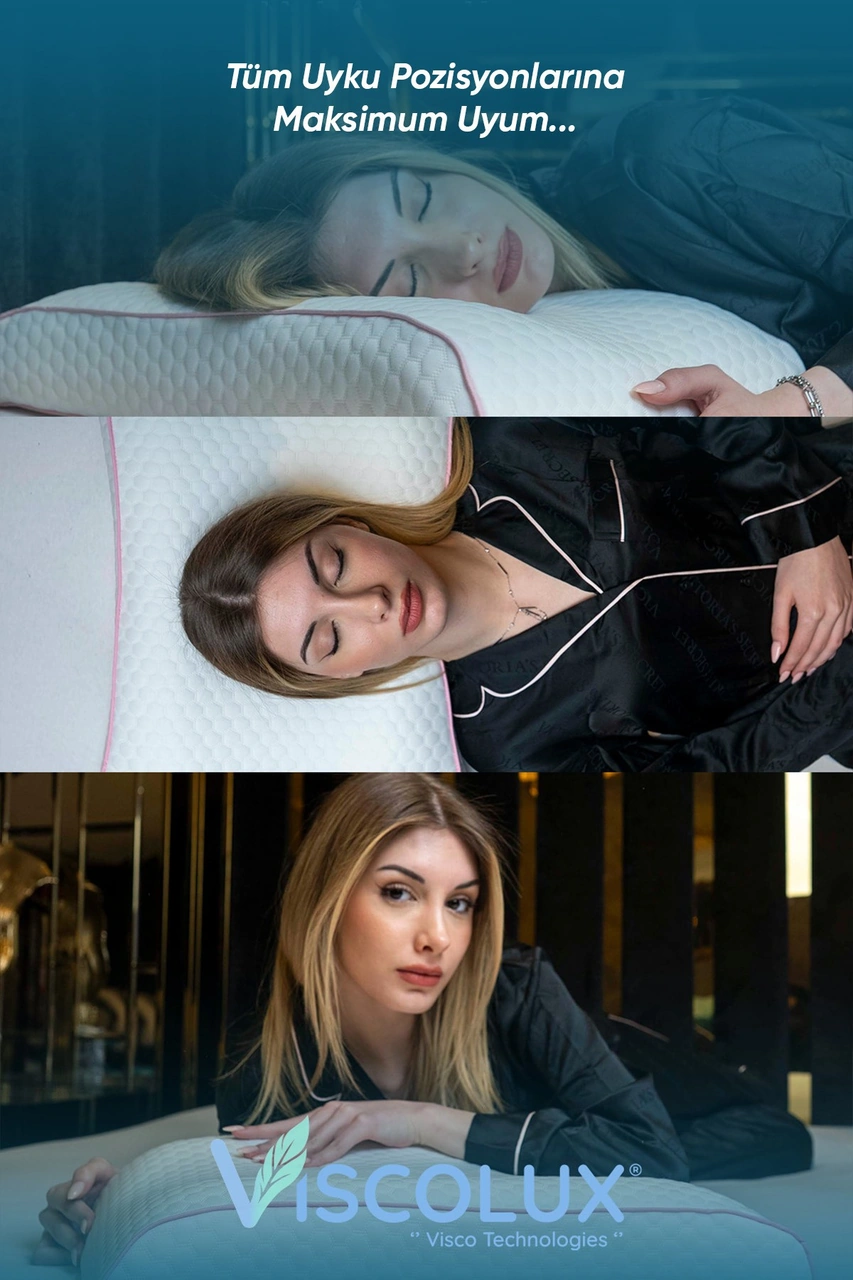 Bombeli Lüx Boyun Destekli Ortopedik Yastık Anti-aging Visco Yastık 57x42x13/11 Pembe