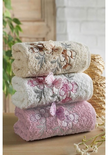 3'lü Lüks %100 Pamuklu Mutfak Havlusu Seti 3d Kelebek Aplikeli 30x50 Cm Çok Renkli