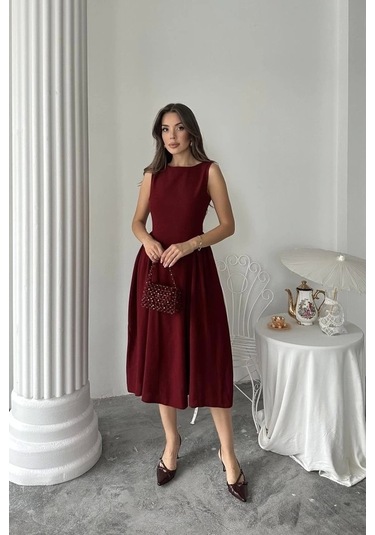 Bordo Yanları Büzgülü Midi Boy Keten Elbise Bordo