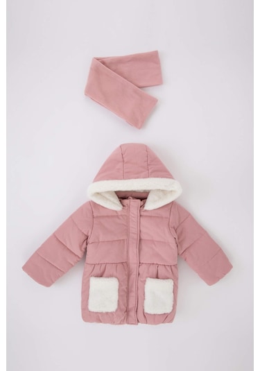 Defacto Kız Bebek Su Geçirmez Polar Astarlı Kapüşonlu Mont Atkı 2'li Takım A2452A523AUBR138 - Bordo