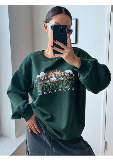 Transition Sweatshirt - Yeşil Baskılı Oversize Kalın Kışlık Bisiklet Yaka Yeşil