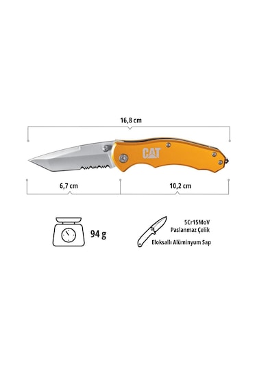 Cat Da980011 Kemer Askı Kancalı Cam Kırma Uçlu Katlanabilir 17cm Paslanmaz Çelik Sarı Kamp Çakısı