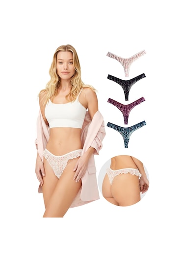 Çiçek Desenli Tül Kenarları Fırfırlı Tanga 4'lü Paket Külot Renkli-1 Çok Renkli