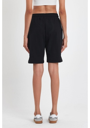 Kadın Rahat Kesim Beli Lastikli Mevsimlik Yumuşak Kumaş Cepli Siyah Uzun Bermuda Şort Mtlcb91 Siyah