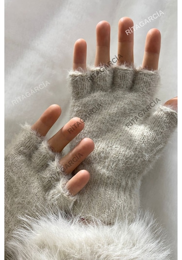 Peluş Kesik Parmak Eldiven Bej