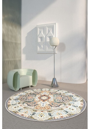 Zeminde Bir Dönüş Yuvarlak Medalyonlu Halı Tasarımı - Kaymaz Taban Krem