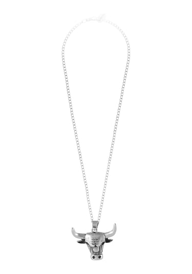 Erkek Antik Gümüş Kaplama Boğa Simge Uçlu Kolye Gümüş