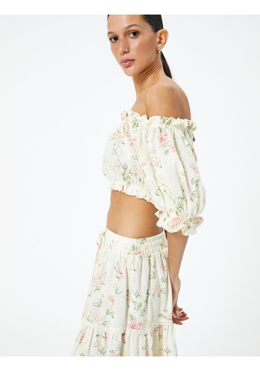 Koton Crop Straplez Atlet Çiçekli Fırfırlı Pamuklu Slim Fit Pembe Desenli 4sak30062ew Pembe