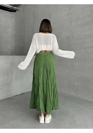 Kadın Buruşuk Modal Dokulu Soft Uzun Etek Yeşil