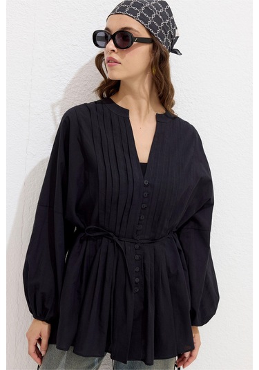 Manuka Nervür Detaylı Vual Tunik Siyah