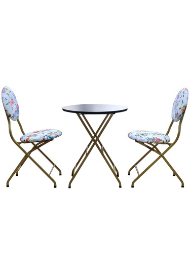 Katlanabilir Beyaz Gül Ve Kuş Gold Metal Masa Ve Sandalye Takımı